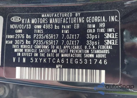 2014 Kia Sorento Lx из США, поврежденный, VIN 5XYKTCA61EG531746